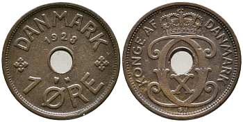 ДАНИЯ 1 ЭРЕ 1928 N; GJ, КРИСТИАН X (1912-1947) KM 826.2 бронза 100-639