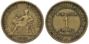 Франция 1 франк 1923 тип Chambres de Commerce KM 876, Le Franc 218.5 алюминиевая бронза 4128-311