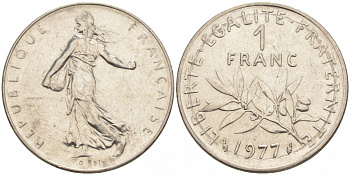 ФРАНЦИЯ 1 ФРАНК 1977 СЕЯТЕЛЬ KM 925.1, LE FRANC 226.22 никель 68-121