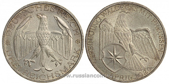 Германия 3 марки 1929 A, союз Вальдека с Пруссией J. 337, KM 62 серебро UNC 00-000-00