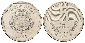 Коста-Рика 5 колонов 1993 KM 214.3 сталь плакированная никелем UNC 4622-1215