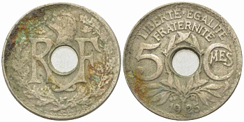 ФРАНЦИЯ 5 САНТИМОВ 1925 ТИП ЛИНДАЙЁ KM 875, LE FRANC 122.10 медно-никель 4379-344