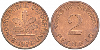 ФРГ 2 ПФЕННИГА 1971 J KM 106a, J 381a сталь плакированная бронзой 3718-369