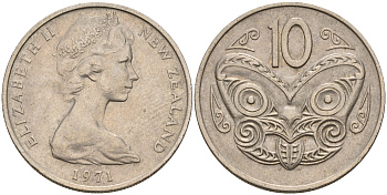 Новая Зеландия 10 центов 1971 Елизавета II (1952-2022), маска маори KM 41.1 медно-никель    4603-246
