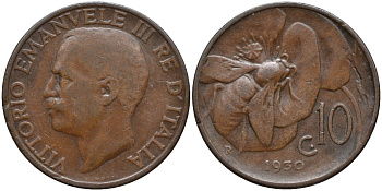 Италия 10 чентезимо 1930 R, пчела, Виктор Эммануил III (1900-1946) KM 60 бронза 4171-846