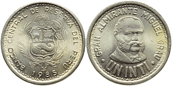 Перу 1 инти 1985 LIMA, Мигель Грау KM 296 медно-никель UNC 176-1037