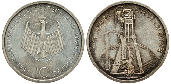 ФРГ 10 марок 1997 F, 100 лет дизельному двигателю KM 192 серебро 413-1732