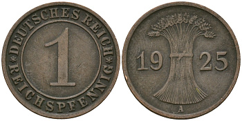 Германия 1 рейхспфенниг 1925 A KM 37, J. 313 бронза 4189-1068