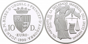 Андорра 10 динеров 1998 50 лет подписанию декларации по правам человека KM 143 серебро PROOF 1068-5-33