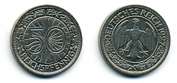 Германия 50 рейхспфеннигов 1927 A KM 49, J. 324 никель 58-129