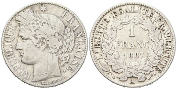 Франция 1 франк 1887 A KM 822.1 серебро 4616-516