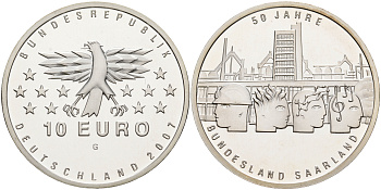 ФРГ 10 евро 2007 G, 50 лет вхождения Саара в ФРГ KM 263, DE.S.10.29 серебро PROOF 1076-3-64