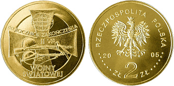 Польша 2 злотых 2005 MW, 60 лет окончания Второй мировой войны KM 558, Parchimowicz 952 нордик UNC 4676-234