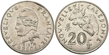 Французская Новая Каледония 20 франков 2004 три быка, (IEOM) KM 12, Schoen 14, Lec 115h никель 81-646