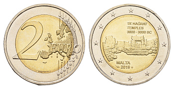 Мальта 2 евро 2019 p, Доисторические места Мальты - Храм Та’ Хаджрат KM 202 биметалл BU 68-536