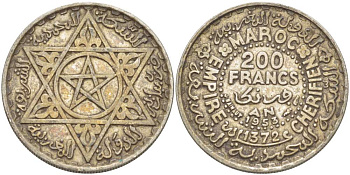 Марокко 200 франков 1953 АН1372, Мохаммед V (1921-1956), французский протекторат KM 53 серебро 00-00