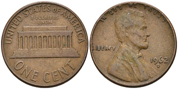 США 1 цент 1962 D, Линкольн KM 201 медь цинк 4564-414