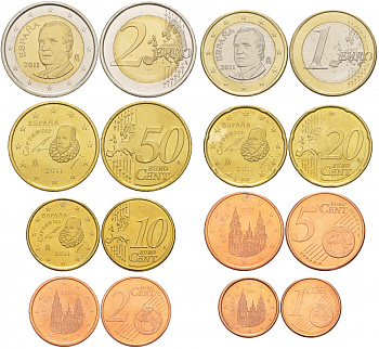 Испания евронабор из 8 монет 2011 1, 2, 5, 10, 20, 50 евроцентов, 1 и 2 евро KM 1040, 1041, 1042, 1070, 1071, 1072, 1073, 1074 N6-13