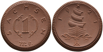 Саксония 1 марка 1921 парусник J. N 55 фарфор 1094-3-21