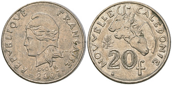 Французская Новая Каледония 20 франков 2007 три быка, (IEOM) KM 12a, Schoen 14a медно-никель 4131-835