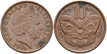 Новая Зеландия 10 центов 2006 маска Маори, Елизавета II (1952-) KM 117а сталь плакированная медью 186-1211