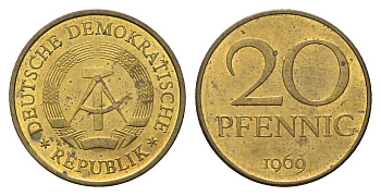 ГДР 20 пфеннигов 1969 KM 11 латунь UNC 4695-1033