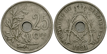 Бельгия 25 сантимов 1921 Belgique KM 68 медно-никель 4168-1226