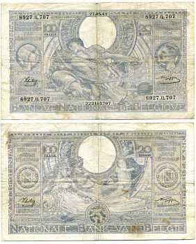 Бельгия 100 франков = 20 бельгасов 1942 Королева Елизавета, король Альберт, аллегорическая женщина Pick 112 бумага 7215-12-2-1