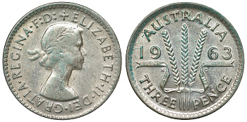 Австралия 3 пенса 1963 m, Елизавета II (1952-2022) KM 57 серебро 71-858