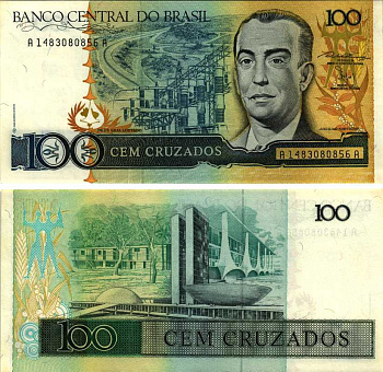 БРАЗИЛИЯ 100 КРУЗАДО 1987 СЕРИЯ 1483, ПОДПИСЬ 24 Pick 211b бумага аUNC 7205-40-3-1