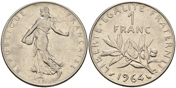 Франция 1 франк 1964 сеятель KM 925.1, Le Franc 226.8 никель      4603-117