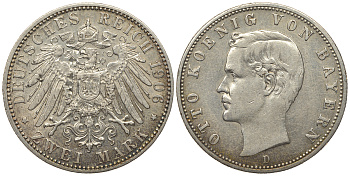 Бавария 2 марки 1906 D, Отто (1886-1913) Weege 44, J. 45, KM 511 серебро 00-000-00