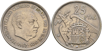 Испания 25 песет 1957 (69) Франсиско Франко (1939-1975) KM 787 медно-никель    4153-216