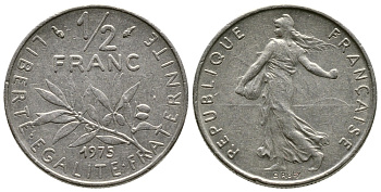 Франция 1/2 франка 1975 сеятель KM 931.1 никель 3458-166