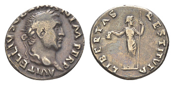 Римская Империя денарий 69 Вителлий, A VITELLIVS GERM IMP AVG TR P, голова императора/LIBERTAS RESTITVTA, Либертата, персонификация Свободы, Рим RIC 105 серебро 00-812-29