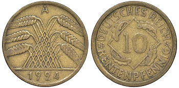 Германия 10 рентенпфеннигов 1924 A KM 33, J. 309 алюминиевая бронза 4604-637