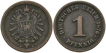 Германия 1 пфенниг 1876 B, Вильгельм I (1871-1888) KM 1, J. 1 медь 4602-1048