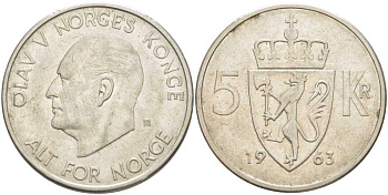 Норвегия 5 крон 1963 Улаф V (1958-1991) KM 412 медно-никель 38-342