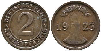 ГЕРМАНИЯ 2 РЕНТЕНПФЕННИГА 1923 D KM 31, J. 307 бронза 24-414
