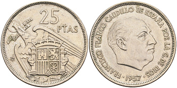 Испания 25 песет 1957(74) Франциско Франко (1939-1975) KM 787 медно-никель 4583-1035