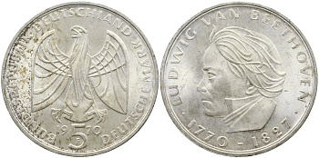 ФРГ 5 марок 1970 F. 200 лет со дня рождения Людвига ван Бетховена KM 127, J. 408 серебро UNC 58-923
