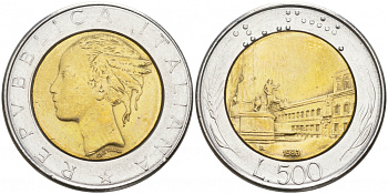 ИТАЛИЯ 500 ЛИР 1983 R БРАК, поворот на 20 градусов KM 111 биметалл 186-233