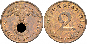 ГЕРМАНИЯ 2 РЕЙХСПФЕННИГА 1938 J КМ 90, J.362 бронза UNC 73-1023