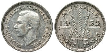 Австралия 3 пенса 1952 m, Георг VI (1937-1952), без букв KM 44 серебро 71-415