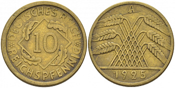 ГЕРМАНИЯ 10 РЕЙХСПФЕННИГОВ 1925 A KM 40, J.317 алюминиевая бронза 110-246