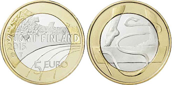 Финляндия 5 евро 2015 спорт, который любят финны, гимнастика KM 236 биметалл UNC M44-8