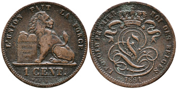 БЕЛЬГИЯ 1 САНТИМ 1861 KM 1.2 медь 100-456