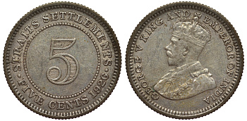 Стрейтс-Сетлментс 5 центов 1926 Георг V (1910-1936) КМ 36 серебро 53-551