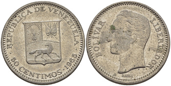 Венесуэла 50 сентимо 1965 Симон Боливар KM 41, Schon 51 никель 31-514