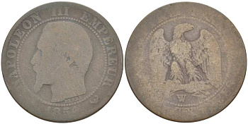 ФРАНЦИЯ 5 САНТИМОВ 1854 W, НАПОЛЕОН III (1852-1870) KM 777.7, LE FRANC 116.15 бронза 217-155